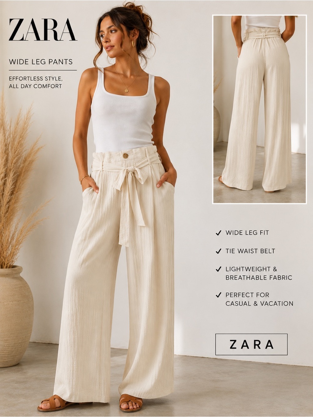 Zara Wide-Leg Tie-Waist Jumpsuit - Tan color